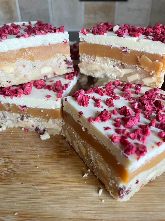 Raspberry & White Chocolate Millionaire Shortbread