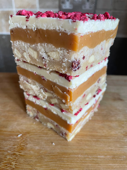 Raspberry & white chocolate millionaire shortbread