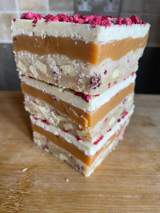 Raspberry & white chocolate millionaire shortbread