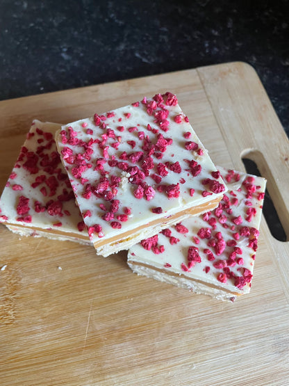 Raspberry & White Chocolate Millionaire Shortbread